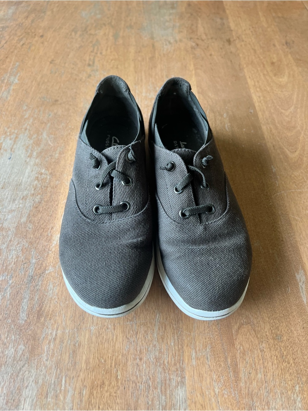 Clarks Women's Forest Green Canvas Slip-On Flats with White Sole